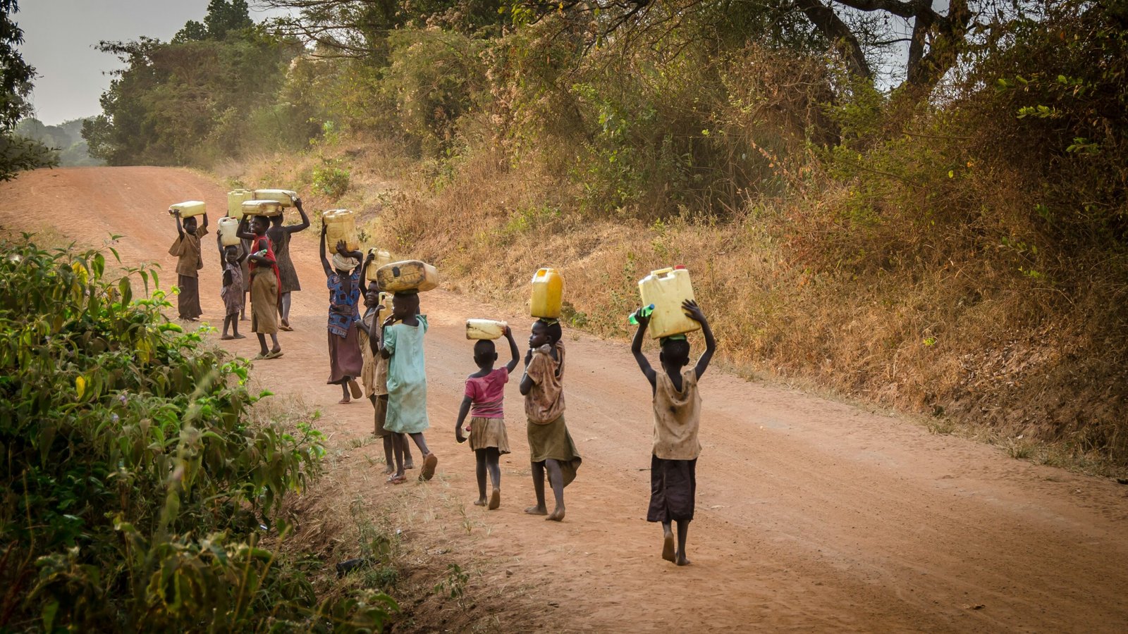 group of people walking at the road carrying containers